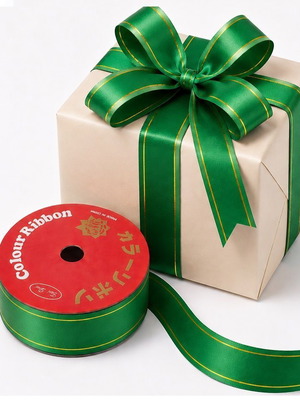 Decorative Curling Ribbon 10m x 1.6cm green with gold detail