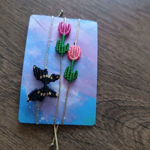 Macrame bracelet set with tulips and butterfly, new, 3 pieces