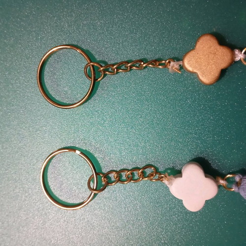 Set of 2 Keychains Light Blue Pom Pom, Wooden White and Gold Cross New, Handmade, for bag