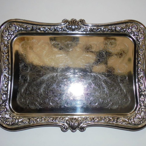 Twin Bird metal serving tray with engraved decoration