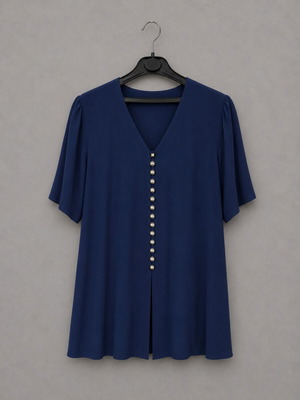Navy Blue Women's Blouse with V Neck and Decorative Buttons like new