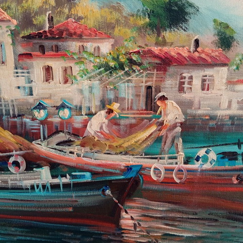 Oil Painting on Canvas by Nikos Papadopoulos, Like New, Island Theme