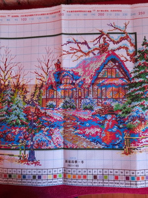 Aida stamped canvas kit with threads and needles Snowy Landscape