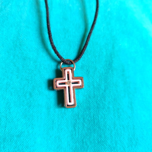 Cross made of silver and pink stainless steel new with adjustable cord