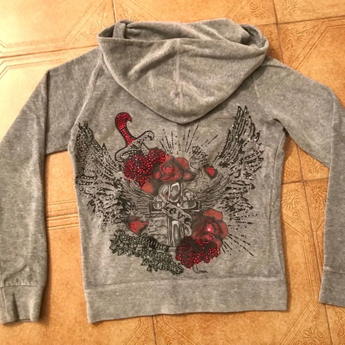 Mymoo hoodie gray velour jacket used with print and rhinestones on back