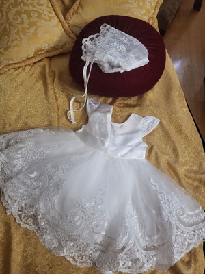 Baptism dress satin with lace and bonnet new