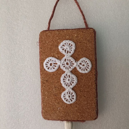 Handmade wall decoration with crocheted cross on cork base new
