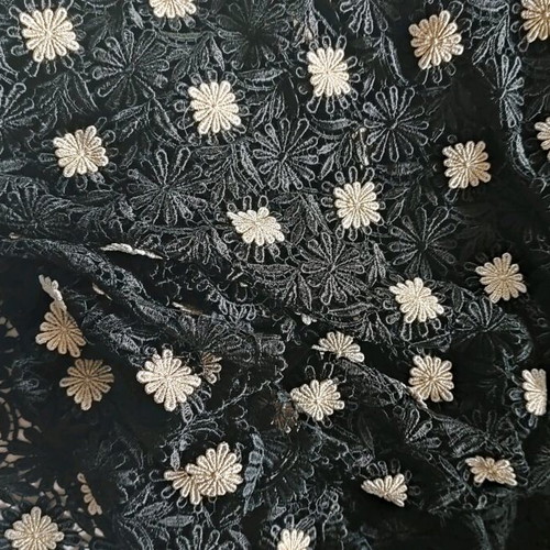 Black guipure lace with gold flowers new for formal wear