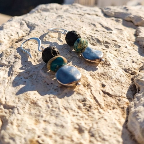 Bracelet and earrings set with lava, jasper, hematite, 14K gold plated earrings