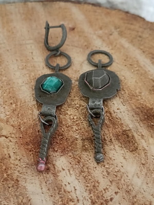 Rustic Earrings with Hammered Oxidized Silver and Green Raw Cabocho Stone