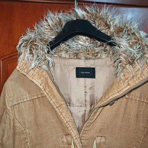 Vero Moda corduroy duffle coat with faux fur hood, tan