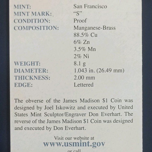 2007 USA folder with James Madison signature and 1$ Presidential Dollar proof new