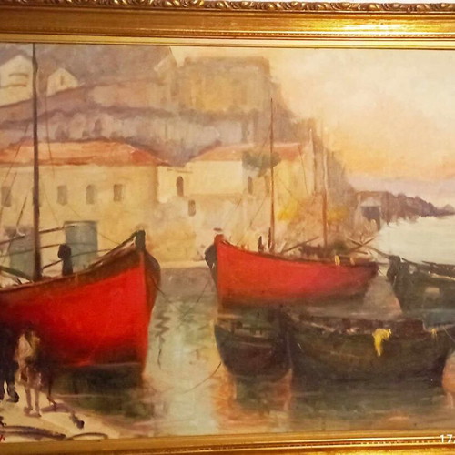 Oil painting Hydra port by D. Boukis like new with vintage frame