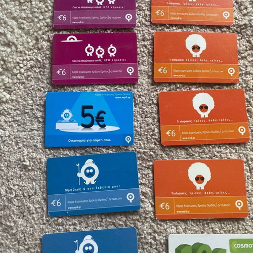 Phone recharge cards used, pack of 32 Telestet, Qcard, Cosmote, Vodafone CU