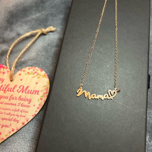 Gift set for mom new, gold necklace and wooden heart