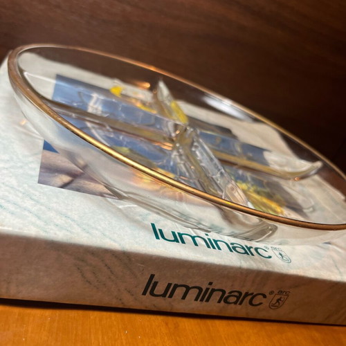 Luminarc Capucine πιατέλα 4 θέσεων καινούργια, floral glass με χρυσό χείλος
