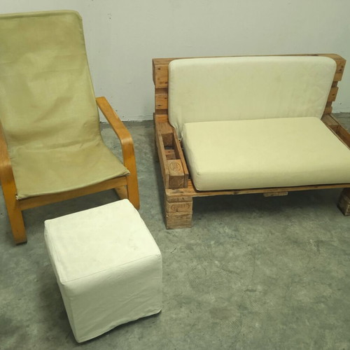 Sofa set from pallets with Ikea Pello armchair and Solsta Pallbo stool, like new