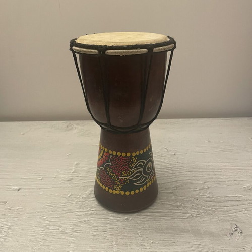 Djembe drum used, handmade African percussion with decorative ethnic design