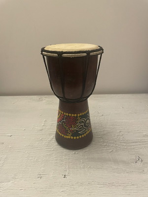 Djembe drum used, handmade African percussion with decorative ethnic design