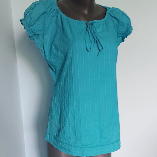 Amisu turquoise cotton tunic blouse with puff sleeves