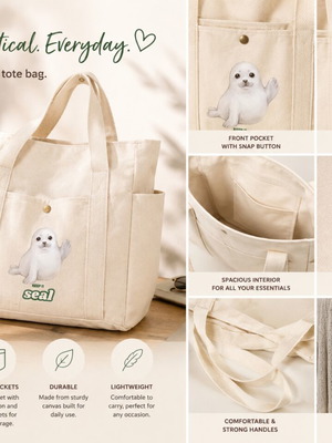 Υφασμάτινη Canvas Tote Bag με στάμπα Keep It Seal, καινούργια, μπεζ ώμου