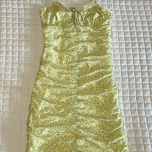 H&M Yellow Green Floral Ruched Dress with Lace New