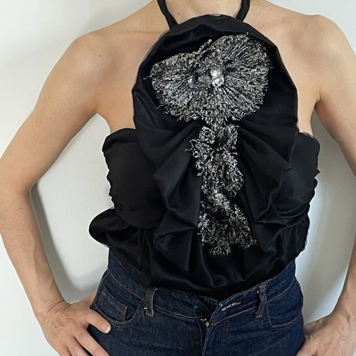Derercuny Statement Halter Top Like New, Black, Beaded