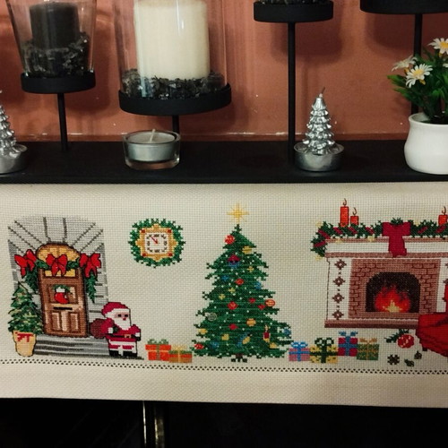 Embroidered Christmas table runner for fireplace, new, beige etamine