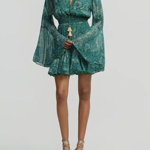 Lynne printed off-shoulder shorts jumpsuit with bell sleeves, green