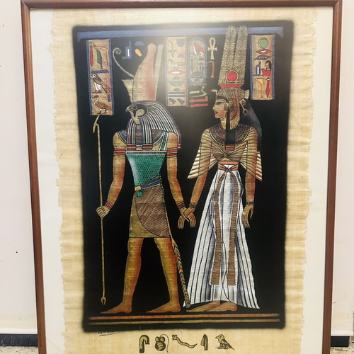 Egyptian Papyrus with Queen Nefertari and God Horus in Frame new