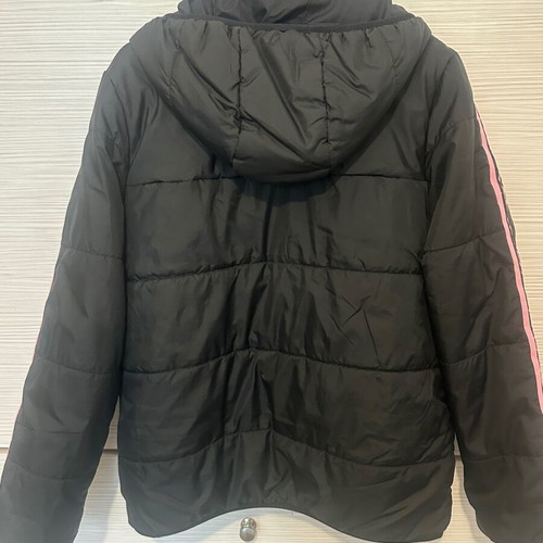 Adidas kids puffer jacket black with pink stripes like new, age 11-12