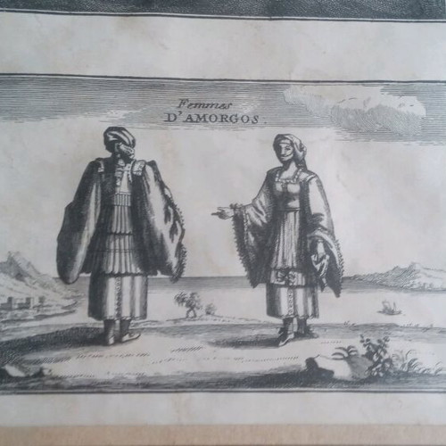 Engraving with Two Themes Femmes d'Amorgos and Old Port of Andros framed