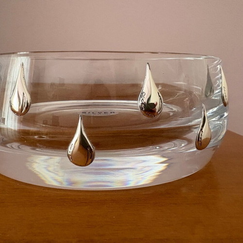 Decorative transparent bowl with silver drops, new, 17.5 cm diameter