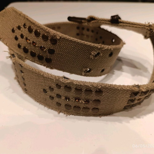 Beige fabric belt with studs and rhinestones, Y2K Boho Grunge style