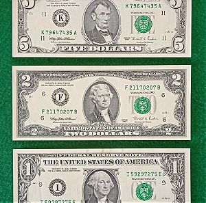 Lot Δολάρια 1, 2, 5 ΗΠΑ 1995 ακυκλοφόρητα.
