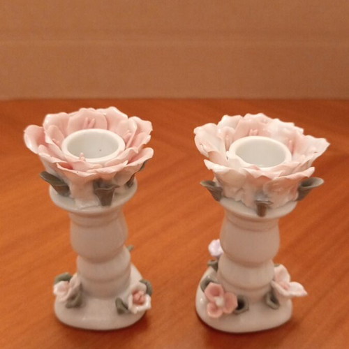 Vintage porcelain candlesticks pair with embossed roses