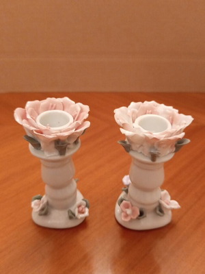 Vintage porcelain candlesticks pair with embossed roses