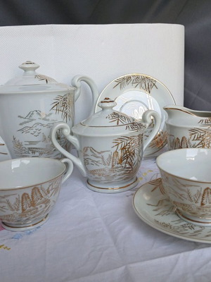 Vintage Japanese Kutani tea set used, 7 pieces