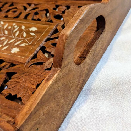 Vintage handmade wooden tray from India with carving and inlay decoration