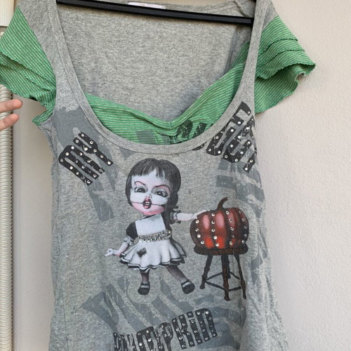 Devotion Y2K Gothic T-shirt used, gray and green, small-medium
