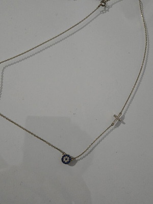 Necklace with eye and cross like new, blue and gold