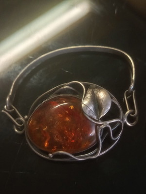 Silver jewelry set with amber used, bracelet, ring, earrings