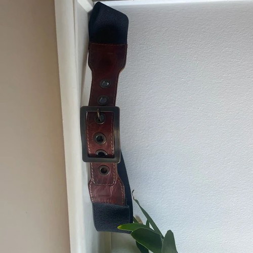 BsB belt with blue elastic and brown leather buckle