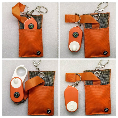 Orange BMW keychain with compass, magnifier, led and key case new
