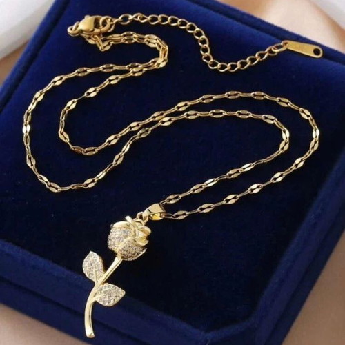 18K Gold Plated Rose Pendant Necklace with Sparkling CZ Crystal