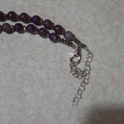 Necklace with rare lepidolite shaped as flowers and round stones, silver 925