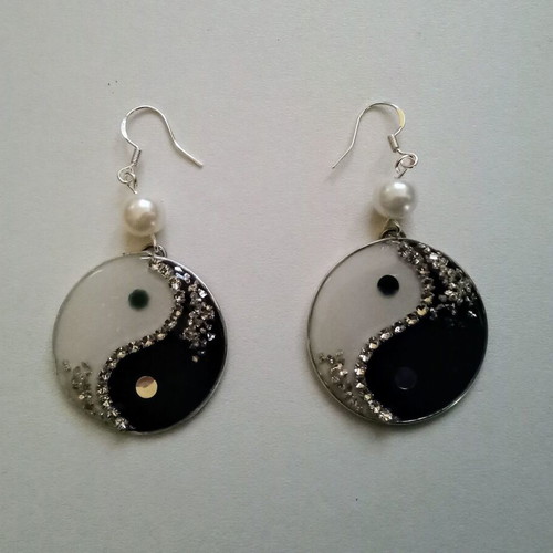 Yin Yang handmade earrings new, black and white with rhinestones and pearls