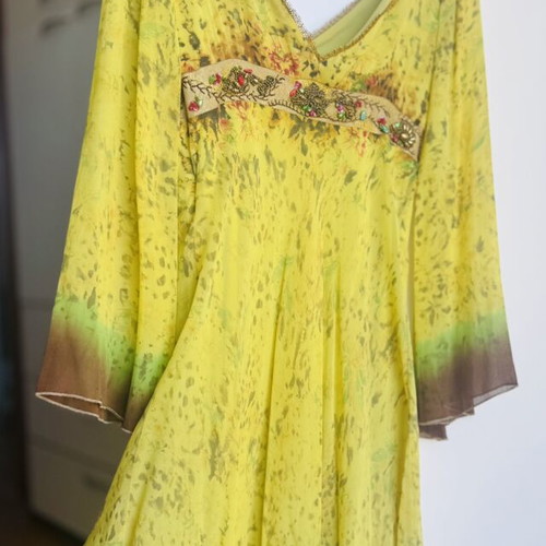 Silk Midi Dress Cinema by Panos Zinas like new, green and yellow