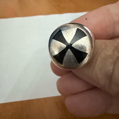 Silver ring with black enamel cross like new