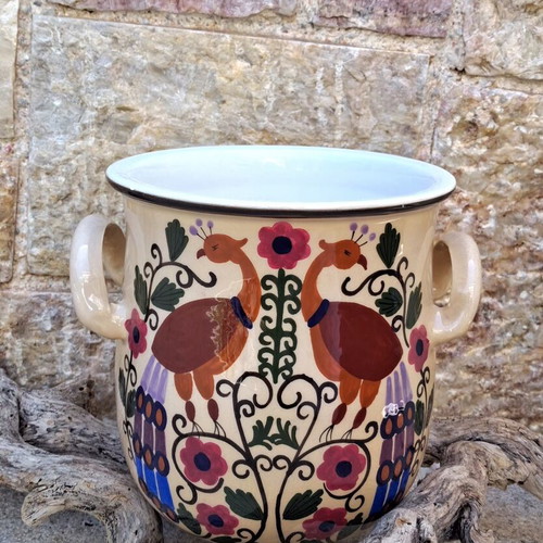 Vintage Handmade Greek Ceramic Vase Pot with Peacock Design, like new